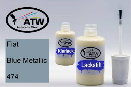 Fiat, Blue Metallic, 474: 20ml Lackstift + 20ml Klarlack - Set, von ATW Autoteile West.